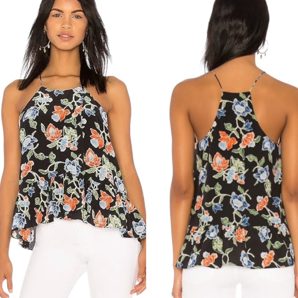 LN JOIE Derwen Silk Black Floral Caviar Print Racerback Ruffle Halter Top - S